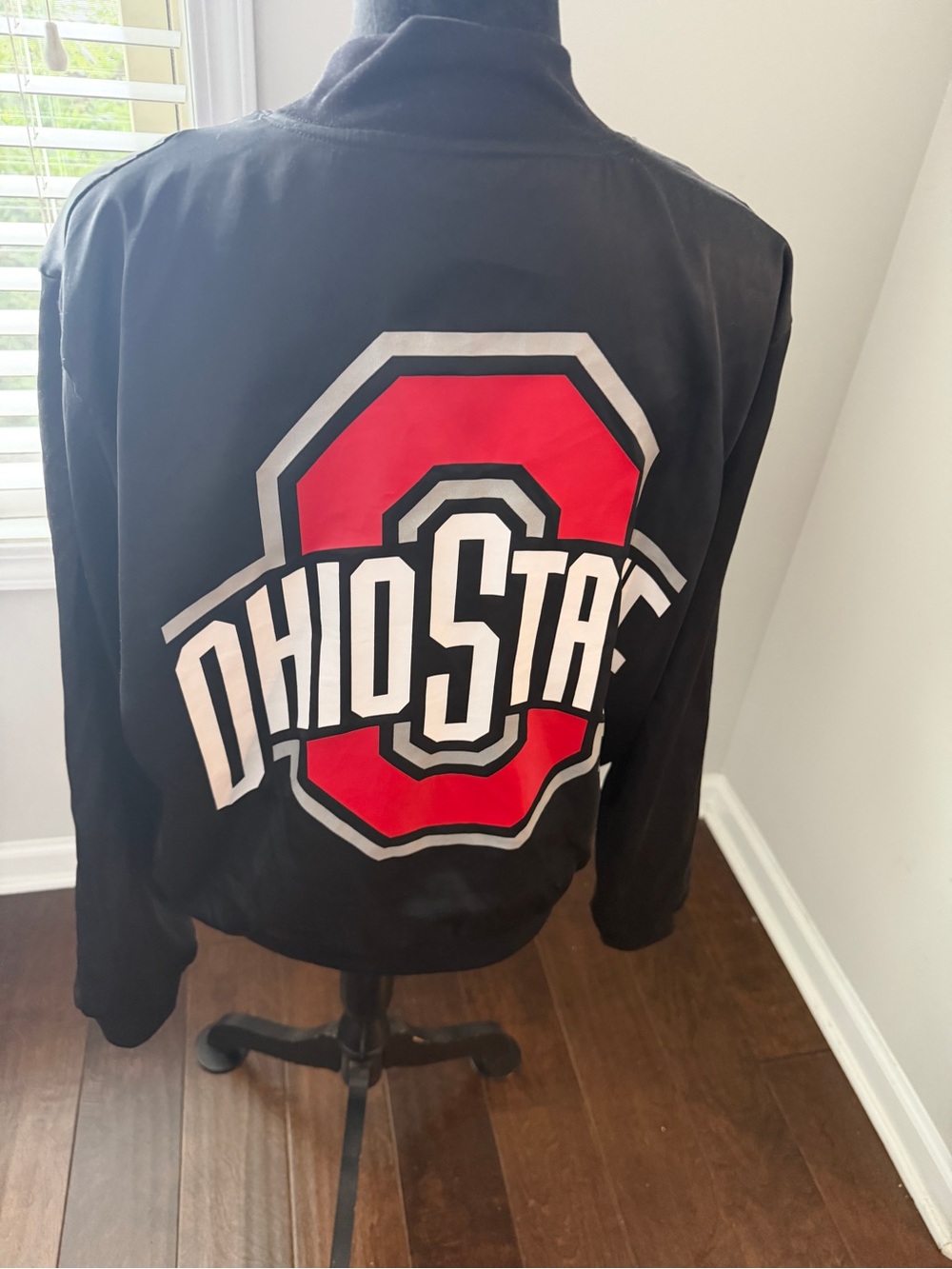 PINK Victoria's Secret Black Bomber with Red & White Ohio State Graphic